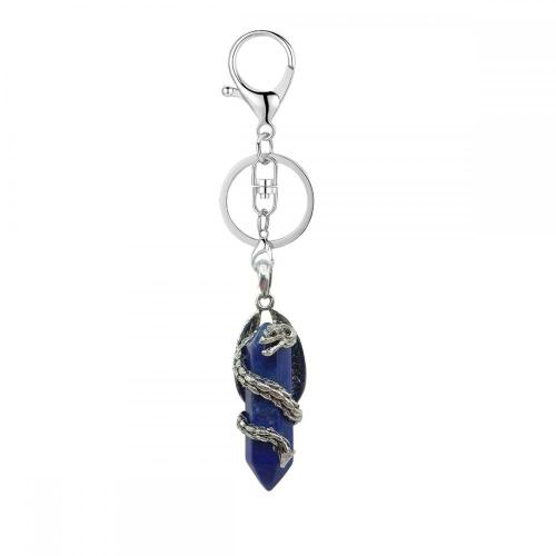 Gemstone Double Hexagonal Prism Wrapped Silver Dragon Stone Key Chains Vintage Crystal Dragon Charm Keychain Key Ring Gift