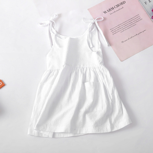 Girls' summer solid cotton linen suspender dress