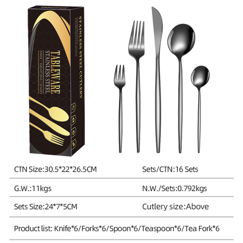 Stainless Steel Cutlery Set - 6 Knives, 6 Forks, 6 Spoons, 6 Teaspoons, 6 Tea Forks (24cm, Premium Tableware)
