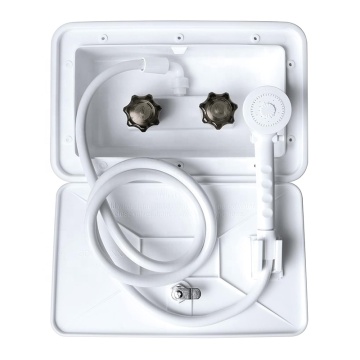 White RV Exterior Shower Box Kit with Faucet, Shower Head & Coiled Hose