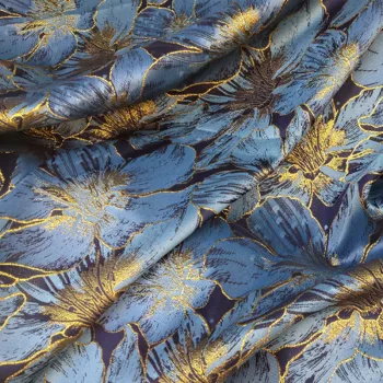 Blue Metallic Gold Fringe Flower Jacquard Fabric for Dress,Diy Wedding Yarn Dyed Fabric for Womens Coat Dress Damask Brocade