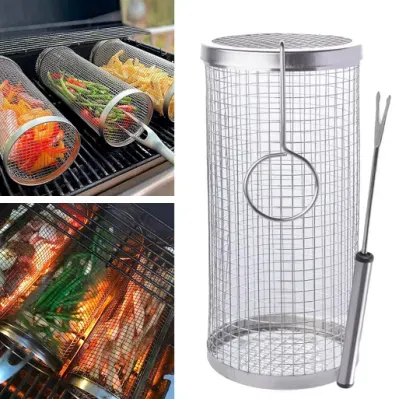 Outdoor Camping Barbecue Net Rolling Grilling Basket Round-Rack Stainless Steel BBQ Mesh