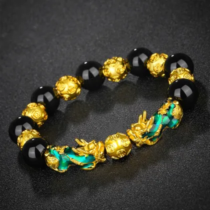 High-Quality Black Obsidian Stone Pixiu Bracelet: Color-Changing Fengshui Charm for Women and Men