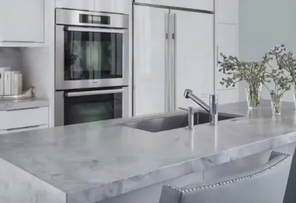 Marbled waterfall benchtops kitchen island bathroom cabinet