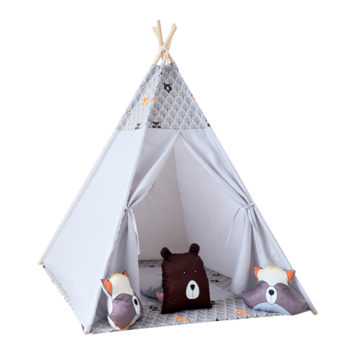 Teepee gris para niños zorro con almohadas