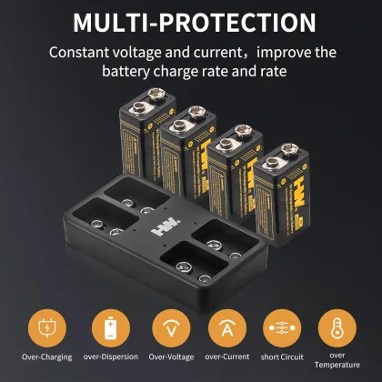 4PCS 9V 3600mWh Rechargeable Lithium Batteries with Charger