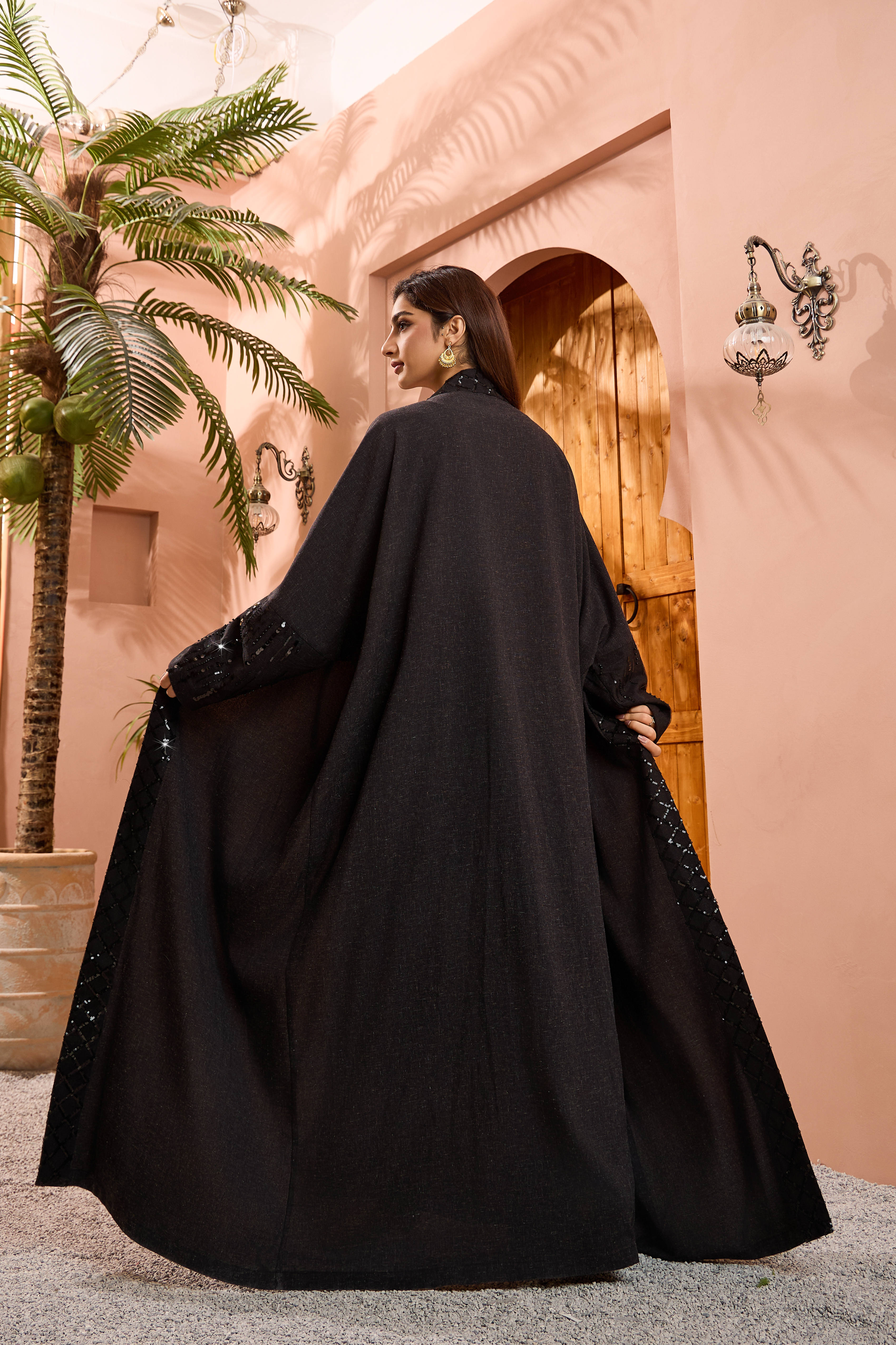 black sequin trim batwing abaya model styling view 06