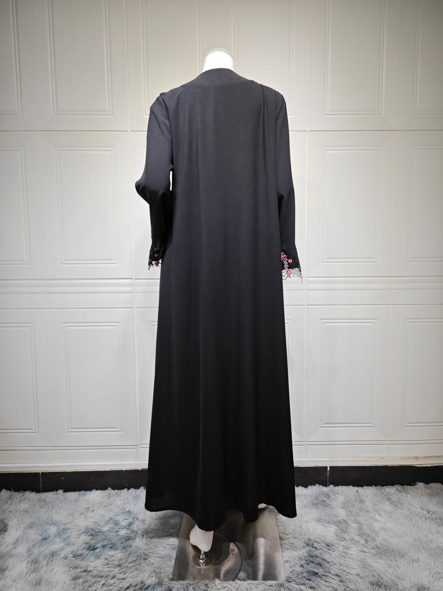 Floral Embroidered Lace Open Front Abaya