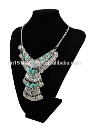 Gypsy Womens Silver Long Turquoise Pendant Jewelry Necklace