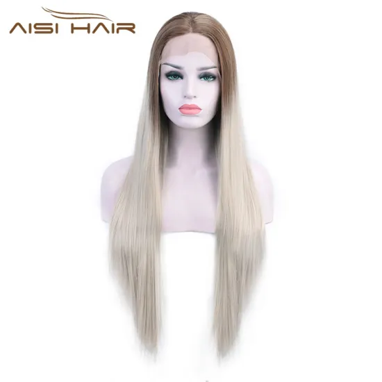 Aisi Hair Silky Straight Synthetic Lace Front Wigs Ombre Brown to Gray Heat Resistant Wigs Lace Front Middle Part Wig for Women