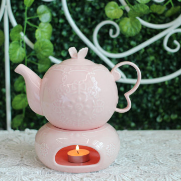 Elegant Embossed New Bone Porcelain Heated Teapot with Warmer