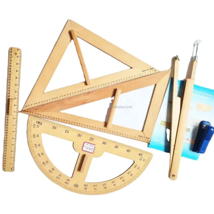 Wooden School Ruler and Geometric Protractor Set for Teaching and Woodworking