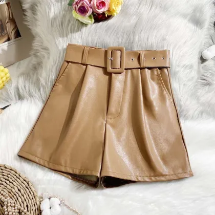2021 New Pu Leather Shorts Women Summer Shorts All-Match Sashes Wide Leg Short Ladies Sexy Leather Shorts