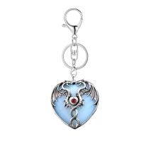 Opalite Heart Antique Silver Double Dragon Stone Pendant (32x42mm) Keychain