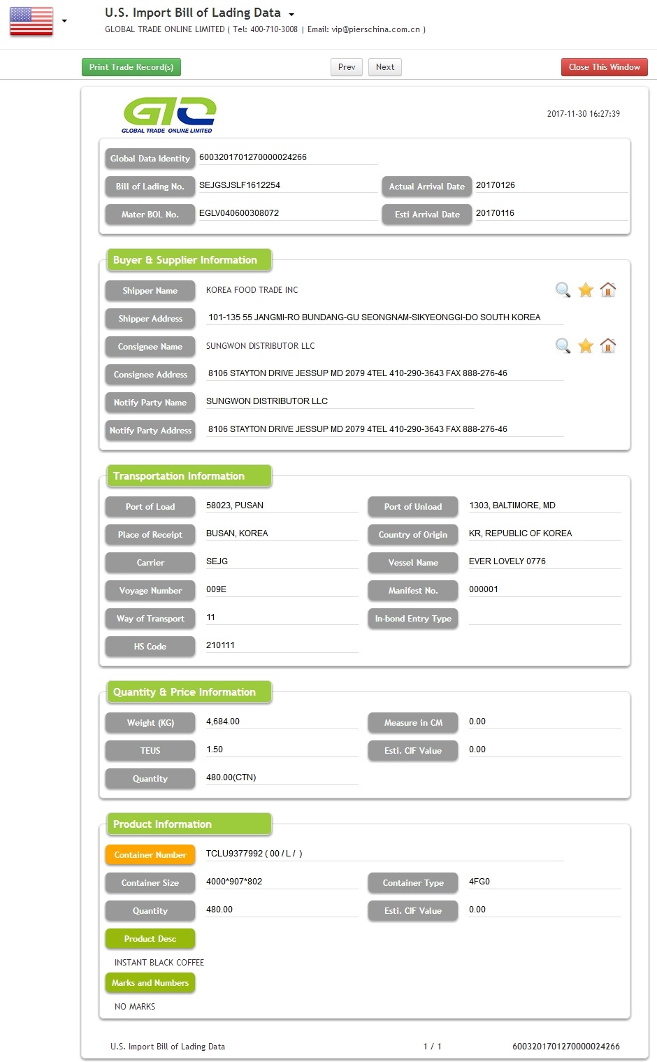 Datos de importación de café negro instantáneo de EE. UU.