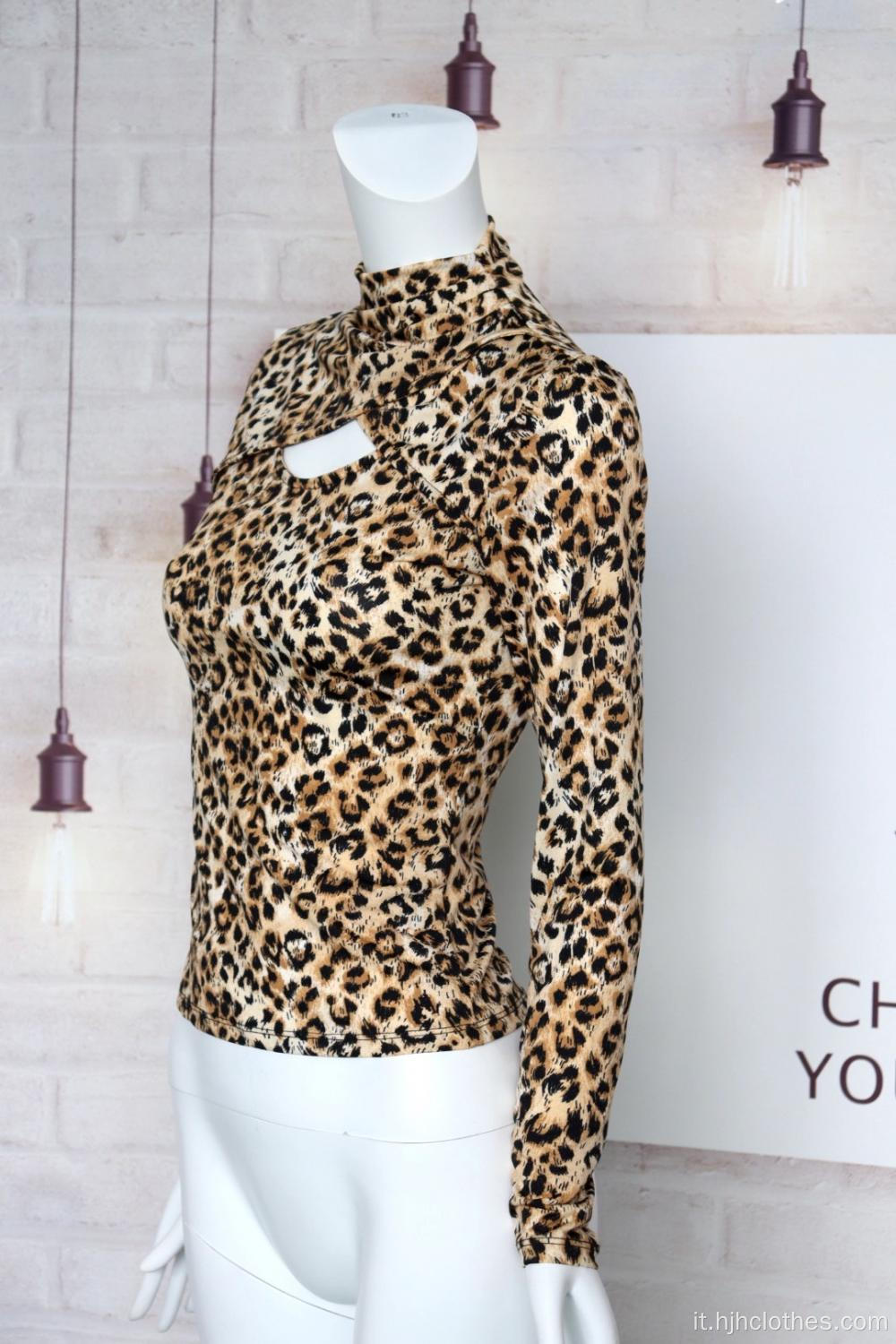 Top a maniche lunghe con stampa leopardata sexy da donna