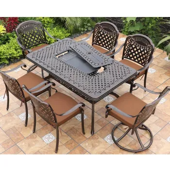 7-Piece Rectangular Cast Aluminum Outdoor Dining Set with Patio Chairs and Garden Furniture