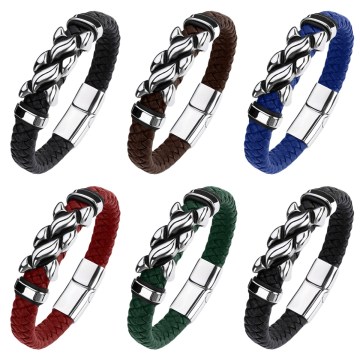 Bracciale in pelle di lusso con design tessuto ed elementi inossidabile Bracciale in pelle inossidabile in acciaio con chiusura magnetica