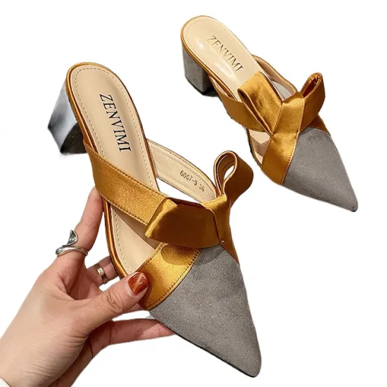 5CM Thick Heel Muller Shoes: Stylish Women's and Ladies' Summer Pointed Slippers with Color Blocking, Suede, and Bowknot Design