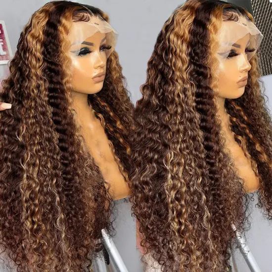 Brown Curly Pre-Plucked 13x4 Lace Front Human Hair Wig with Honey Blonde Piano Mixes