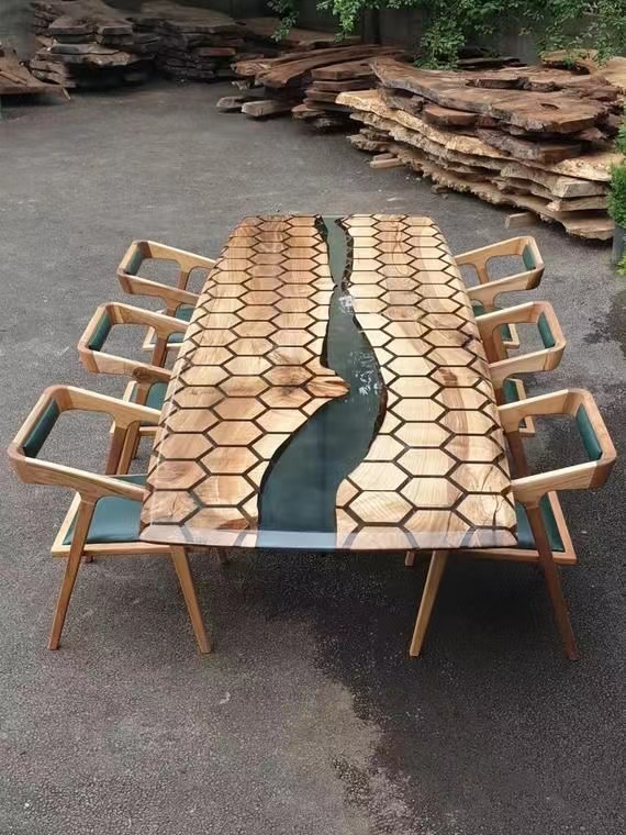 Free Logo Home Furniture Direct Solid Walnut Wood Cafe Coffee Kitchen Restaurant Epoxy Resin Slab River Dining Table