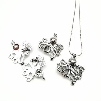 Silver Stone Pearl Cage Ocean Octopus Locket Necklace