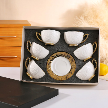 Set of 6 Porcelain Espresso Latte Cappuccino Cups with Saucers - Ceramic Turkish Cafe Coffee Cup with Gold Trim