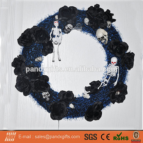 BLACK FLOWER WREATH/GARLAND WITH SKULL FOR HALLOWEEN OUTDOOR DECORATION