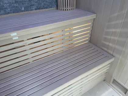 Outdoor Wet Steam Sauna Room with Harvia Stove and Cultured Stone