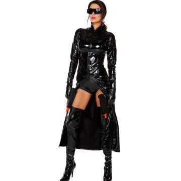 Women Gothic Cool Black Wetlook Vinyl Leather Clubwear Long Sleeve Novetly Sexy Club Dress
