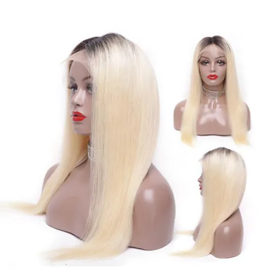 Top Quality Blonde Human Hair Lace Front Wig  Ombre Colo Blonde#613 With Black Dark Root, 100% Virgin Hair Human Hair Wigs