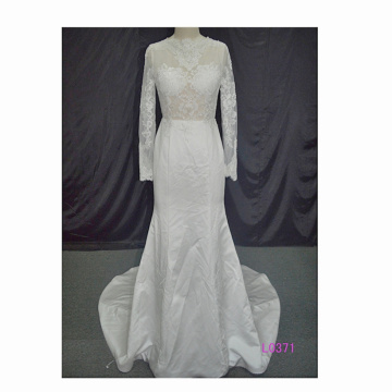 ivory O-neckline flower lace wedding dress long sleeve
