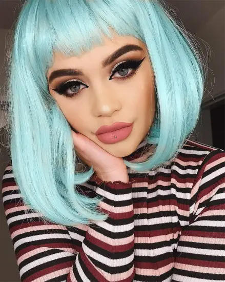 Natural Looking Pastel Mint Green Replacement Wig Neon Color Short Bob Hair with Bangs  Machine Made None Lace Synthetic Wig