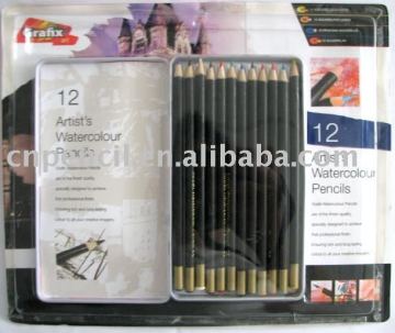 7\"12pcs Water Color pencils in metallic box with blister pack / black water color pencil with gold color cap dip / color pencil