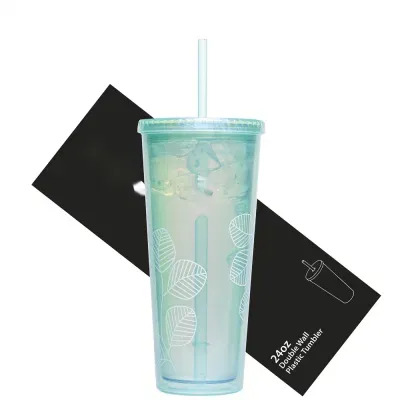 24oz Double Wall Plastic Tumbler Lid Straw Reusable Cup Drink Travel Mug