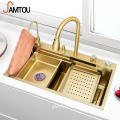 Golden Waterfall Sink with Handmade 304 Stainless Steel Faucet: Aesthetic 30-32 Inch Kitchen Sink in Brushed Gold - SAMTOU 2023