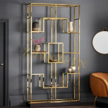 Luxury Glass Metal Stainless Steel Library Bookcase Bookshelf