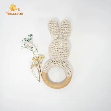 Soft Wooden Ring Crochet Bunny Rattle Teething Toys