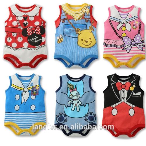 100% cotton cartoon baby cloth set in stock , sleeveless baby romper