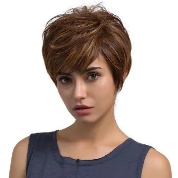Natural Cheap wig Short Pixie Cut Layered Wavy bangs Synthetic Wig Wholesale Heat Resistant Synthetic Hair Wig For Black Women