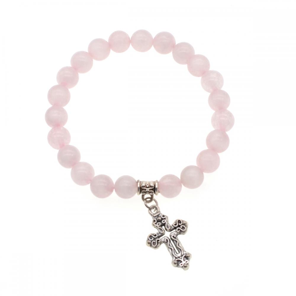 Pulsera de los encantos de los granos redondos de la piedra preciosa 8MM de Chakra del cuarzo de Rose natural con la aleación cruzada