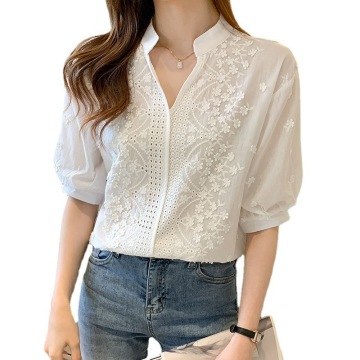 Women's Summer New White Embroidered Hollow Sleeve Top