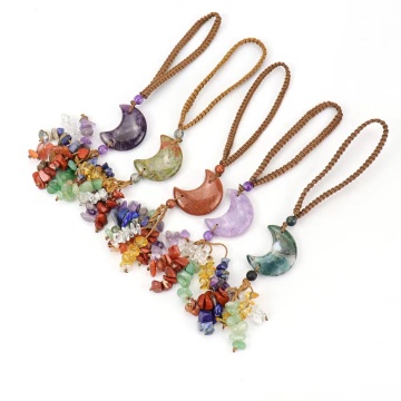 Wholesale 7 Chakra Home Ornaments Natural Rose Quartz Moon Pendant Crystal Car Hanging