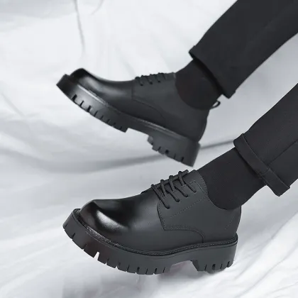 2025 Men's Black Platform Derby Shoes - Round Toe Dress Shoes