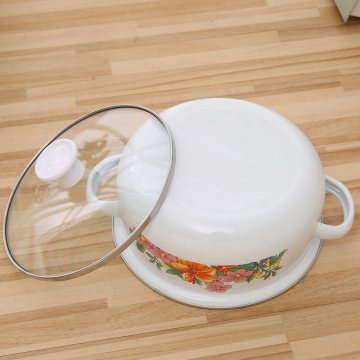 5PCS White Applique Glass Cover Enamel Pot