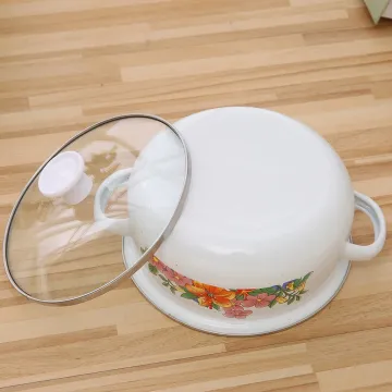 5PCS White Applique Glass Cover Enamel Pot