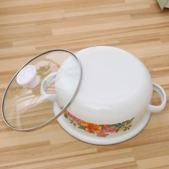 5PCS White Applique Glass Cover Enamel Pot