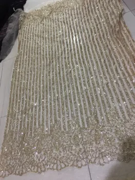 Gold Color High Quality French Tulle Lace Fabric African Sequins Net Glued Glitter Fabric for Woman Wedding Dress BZL-95125