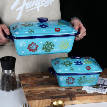 Custom Hand-Painted Blue Rectangle Bakeware Set with Lid