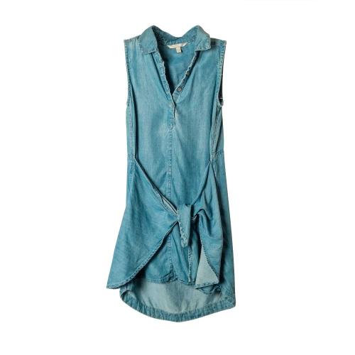 Women's V Neck Denim Button Front Tie Knot Dress